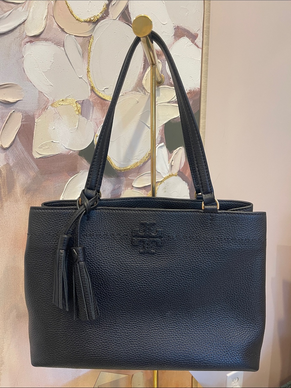 Tory Burch Black Pebbled Leather Tote with Tassels
